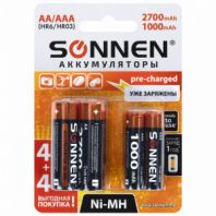 Батарейки аккумуляторные Ni-Mh пальчиковые / мизинчиковые НАБОР 8 шт. (AA+ААА) 2700/1000 mAh, SONNEN, 455612 Батарейки аккумуляторные Ni-Mh пальчиковые / мизинчиковые НАБОР 8 шт. (AA+ААА) 2700/1000 mAh, SONNEN, 455612