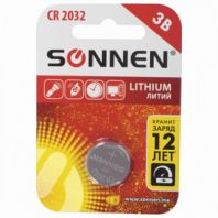 Батарейка литиевая SONNEN Lithium CR2032 "таблетка, дисковая, кнопочная" 1 шт., блистер, 451974
