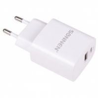Зарядное устройство быстрое сетевое (220 В) SONNEN, USB QC 3.0 + Type-C PD 20 Вт, 3 А, белое, 455505 Зарядное устройство быстрое сетевое (220 В) SONNEN, USB QC 3.0 + Type-C PD 20 Вт, 3 А, белое, 455505