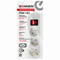 Удлинитель сетевой SONNEN PSW-183, 3 розетки c заземлением, выключатель 10 А, 1,8 м, белый, 513659 Удлинитель сетевой SONNEN PSW-183, 3 розетки c заземлением, выключатель 10 А, 1,8 м, белый, 513659