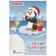 Картон белый А4 немелованный (матовый), 8 листов, в папке, ПИФАГОР, 200х290 мм, "Пингвин-рыболов", 129905 Картон белый А4 немелованный (матовый), 8 листов, в папке, ПИФАГОР, 200х290 мм, "Пингвин-рыболов", 129905