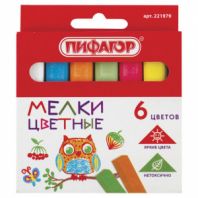 Мел цветной квадратный 6 штук, ПИФАГОР, картонная упаковка, европодвес, 221979 Мел цветной квадратный 6 штук, ПИФАГОР, картонная упаковка, европодвес, 221979