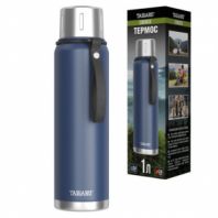 Термос 1 л TAIGARU (ТАЙГАРУ) CHOICE, нержавеющая сталь SUS316, крышка/кружка, ремешок, синий матовый, 700313