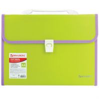 Папка-портфель пластиковая BRAUBERG "JOY", А4 (330х245х35 мм), 13 отделений, с окантовкой, салатовая, 227974